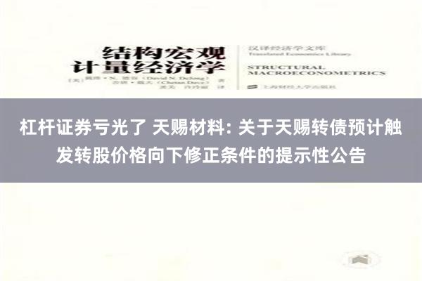 杠杆证券亏光了 天赐材料: 关于天赐转债预计触发转股价格向下修正条件的提示性公告